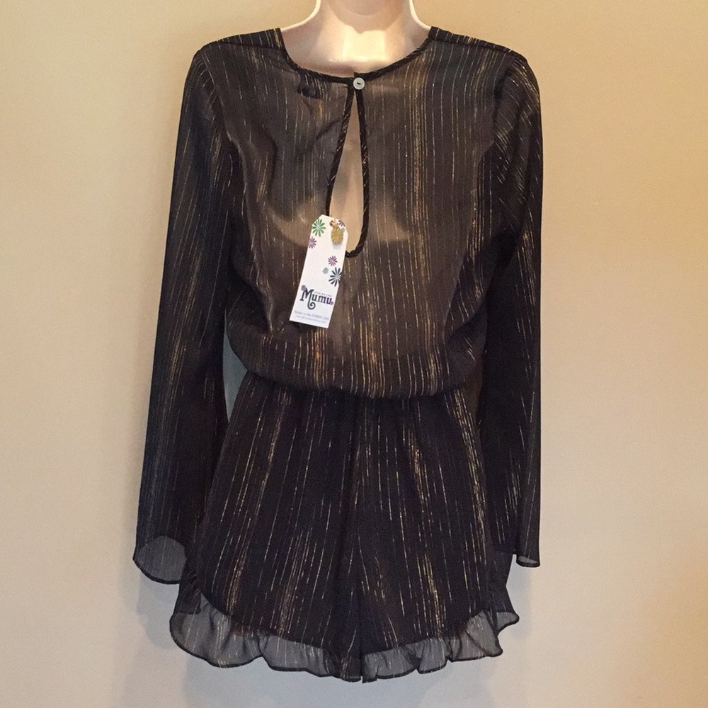 MUMU Romper Black Gold Sheer Back V-Neck - Picture 5 of 5